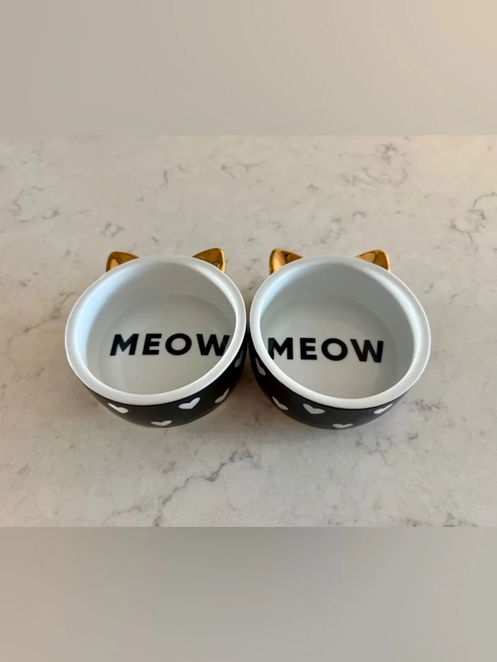 Pottery Barn Black & White Cat Bowls with Gold Ears - Pair